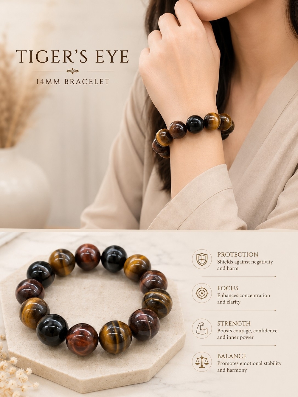 Tiger's Eye 14mm Beaded Bracelet - Brown Black Mix